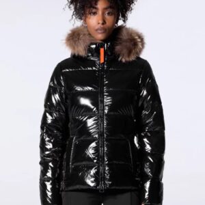 Doudoune glossy cintrée avec capuche en fourrure Olga Bright