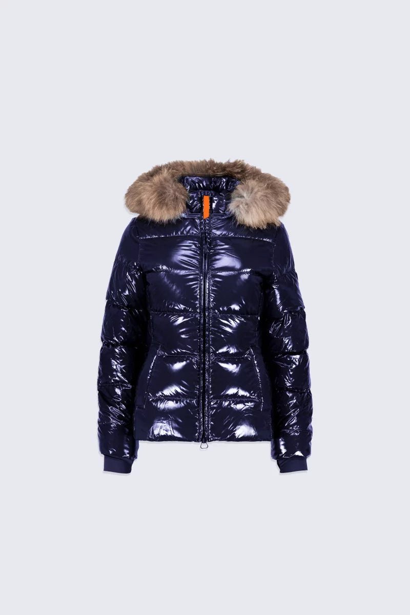Doudoune glossy cintrée avec capuche en fourrure Olga Bright Dark Blue – Image 2