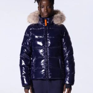 Doudoune glossy cintrée avec capuche en fourrure Olga Bright Dark Blue