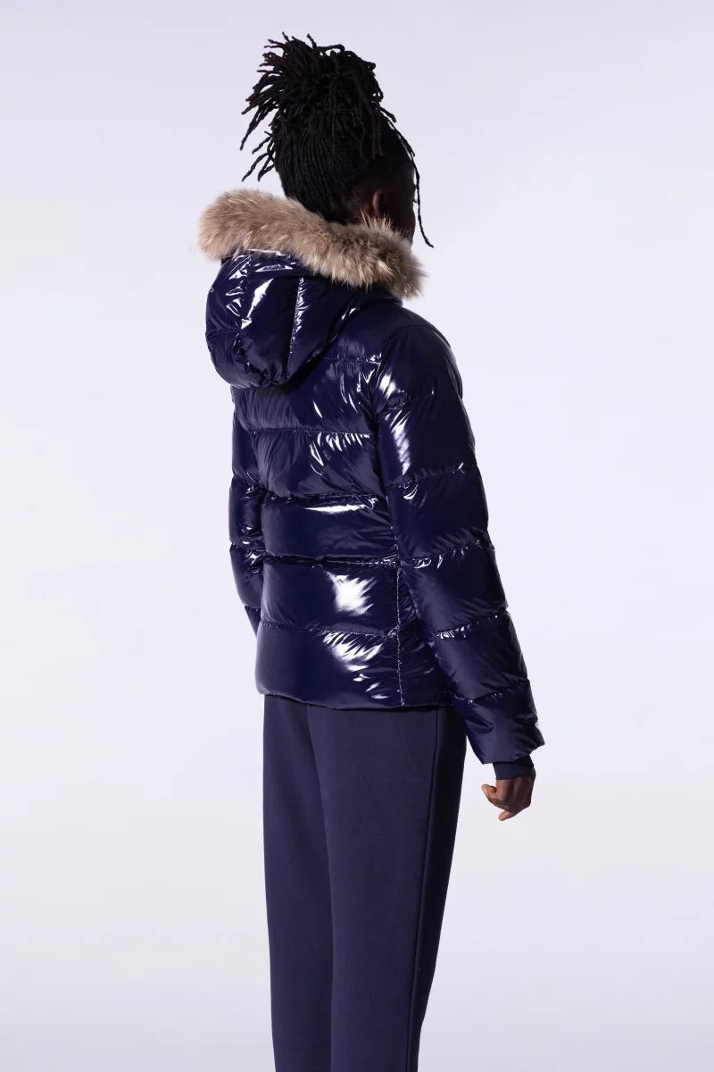 Doudoune glossy cintrée avec capuche en fourrure Olga Bright Dark Blue – Image 4
